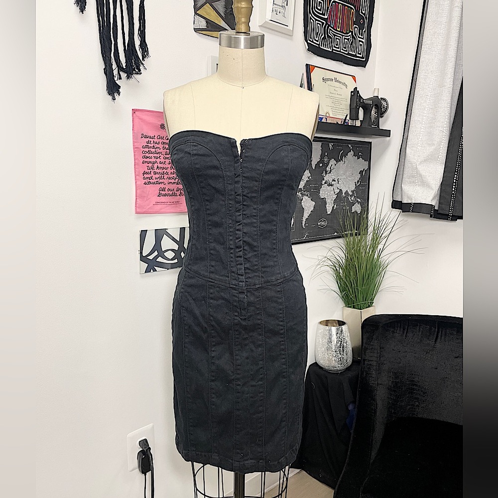 Strapless black stretch denim corset dress